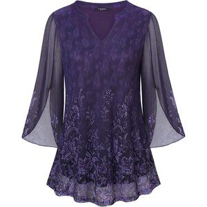 👑 Women's Deep Violet 2 Lose Fit 3/4 Sleeve V Neck Double Layers Fit Tunic Tops